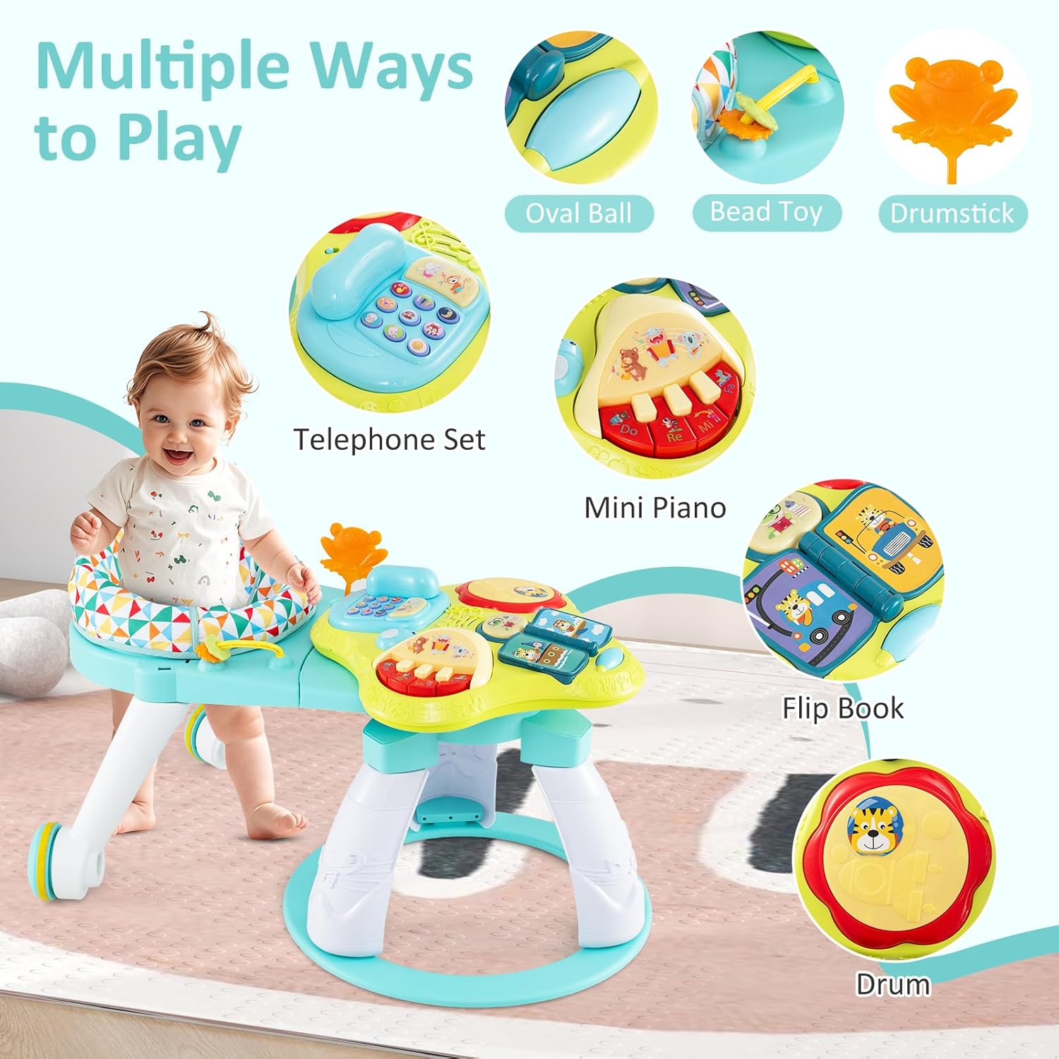 INFANS 3 in 1 Walk Around Baby Activity Center, Baby Walker with Play Table, Wheels, Detachable Seat Cushion, 3 Adjustable Heights, Learning Toys for Boys Girls Aged 6-36 Months (Green)