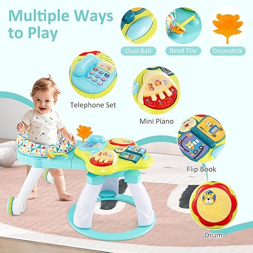 Miniatura 6 de INFANS Centro de actividades para bebés 3 en 1, andador con mesa de juego, ruedas, cojín de asiento desmontable, 3 alturas ajustables, juguetes de