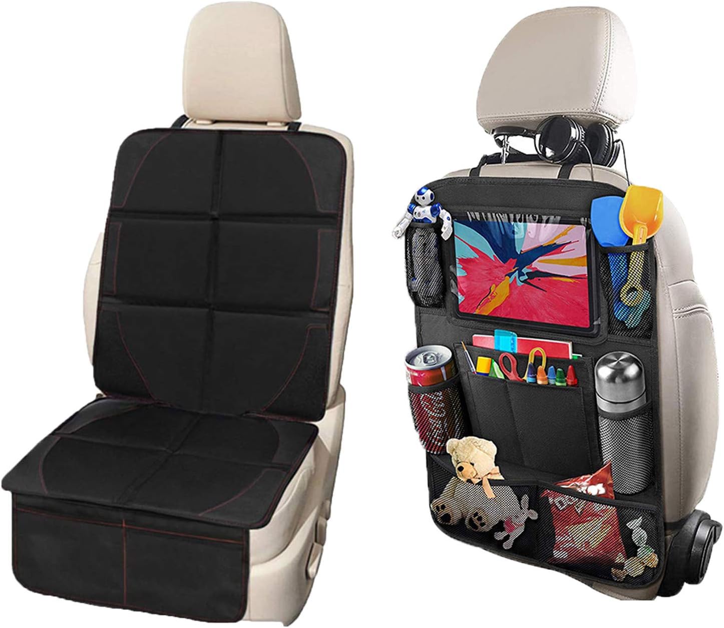 Car Seat Protector Set with Backseat Car Organizer, with iPad and Tablet Holder Kick Mat Cover, Storage Pockets for SUV, Sedan, Truck, Leather and Fabric Car Seat