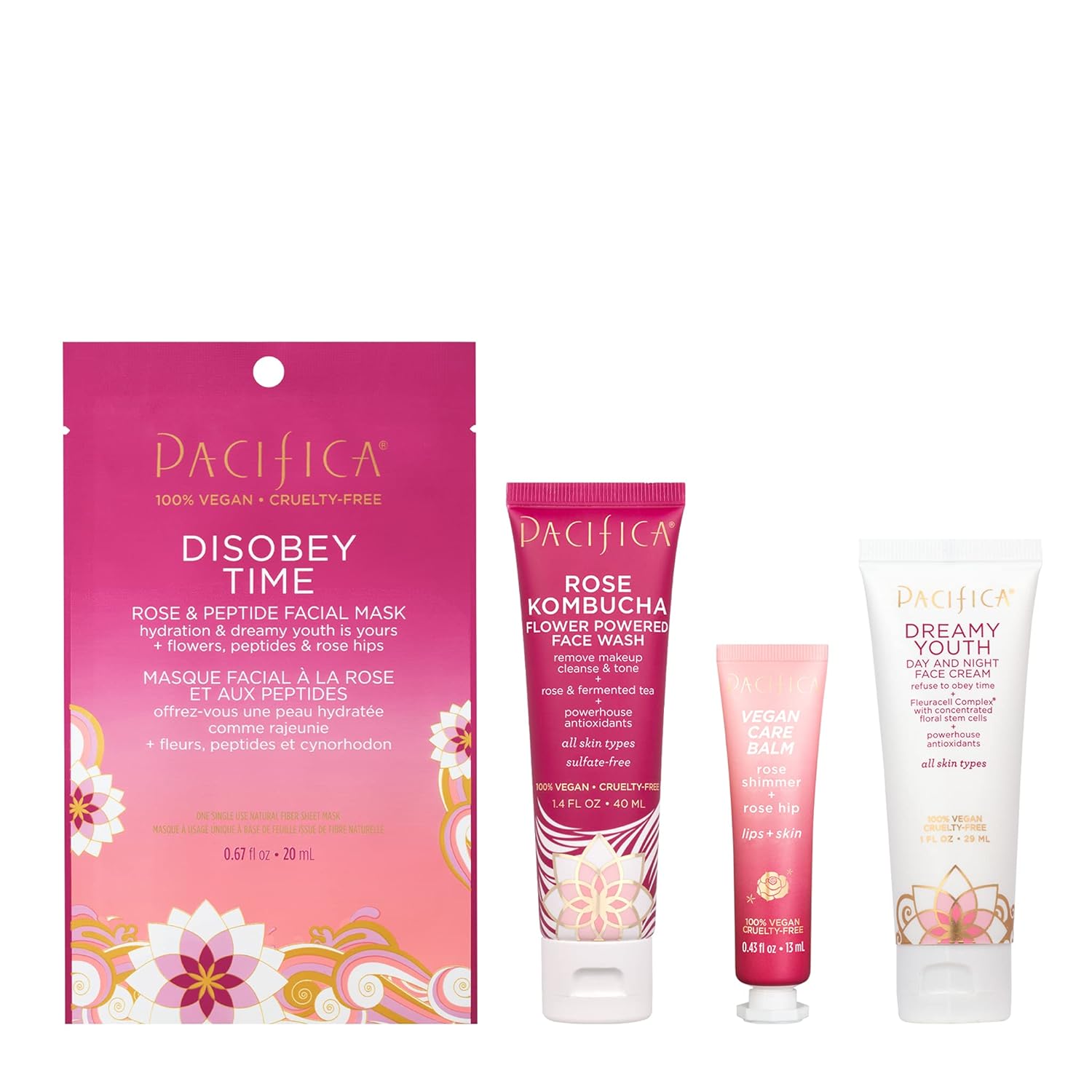 Pacifica Beauty Dreamy Stars Dewy Skin Care Set for Dry and Aging Skin, Moisturizing + Hydrating, Travel Size, Holiday Gift Set, Stocking Stuffer, Peptides, Vegan & Cruelty Free, Pink : Beauty & Personal Care