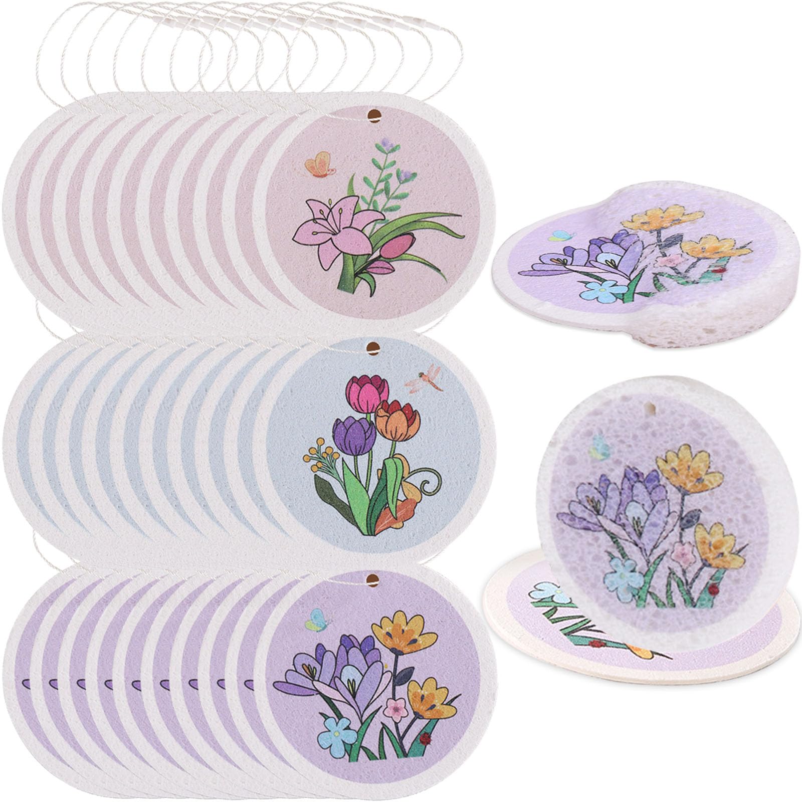 Sadocom30 Pcs Compressed Cellulose Wood Pulp Sponge, Kitchen Cleaning Dishwashing Sponge with Lanyard, Round Natural Scrub Sponge for Kitchen and Household, 3 Styles