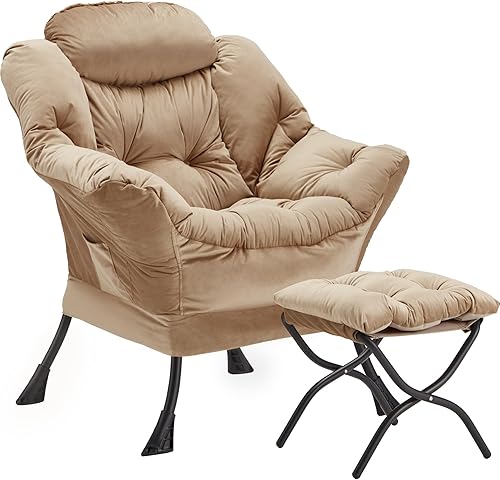 Silla Lazy con otomana plegable, silla decorativa de terciopelo tapizada con estructura de metal y almohadillas antideslizantes, sillón con