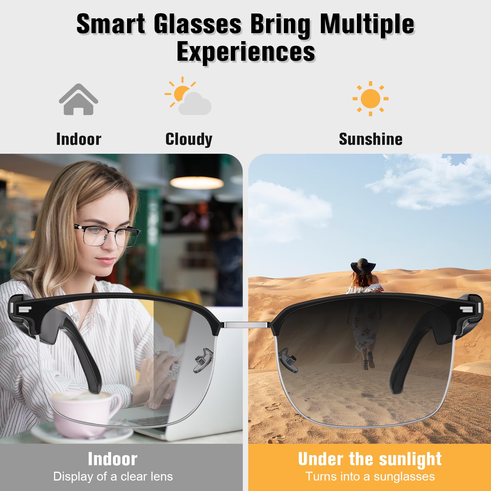 Gafas inteligentes, lentes Bluetooth con bloqueo de luz azul con altavoz abierto, lente de gafas de sol fotocromáticas, asistente de voz compatible con Android iPhone