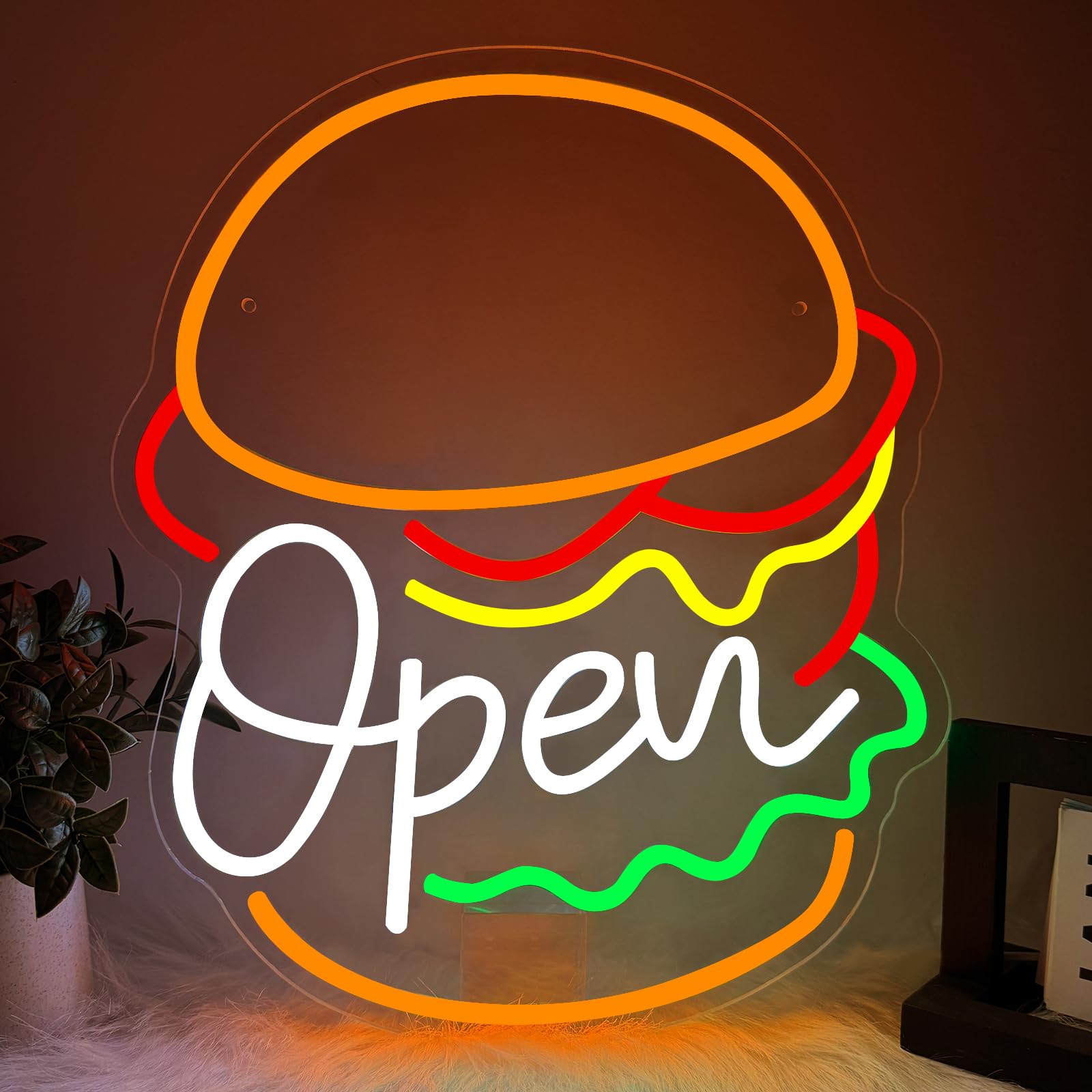 Open Neon Sign Open Burger LED Sign for Wall Neon Burger USB Neon Light for Burger Shop Fast Food Restaurant Shop Signs Gifts Home Decor Party Decoration — image 1