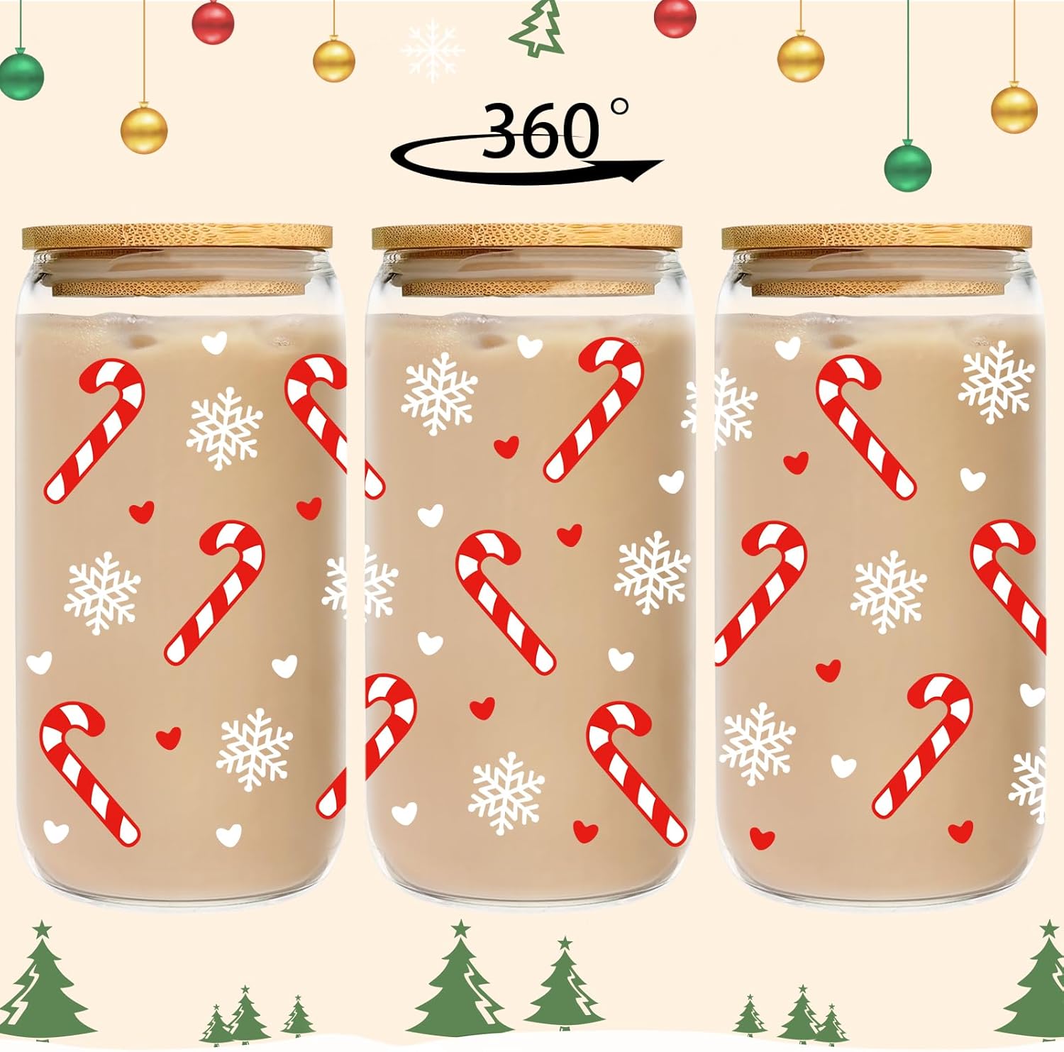 Christmas Gifts for Women - 16oz Candy Cane Glass Cup with Lid Straw - Christmas Coffee Cup for Her - Holiday GlassTumbler for Mom Sister Friend Coworker - Image 3