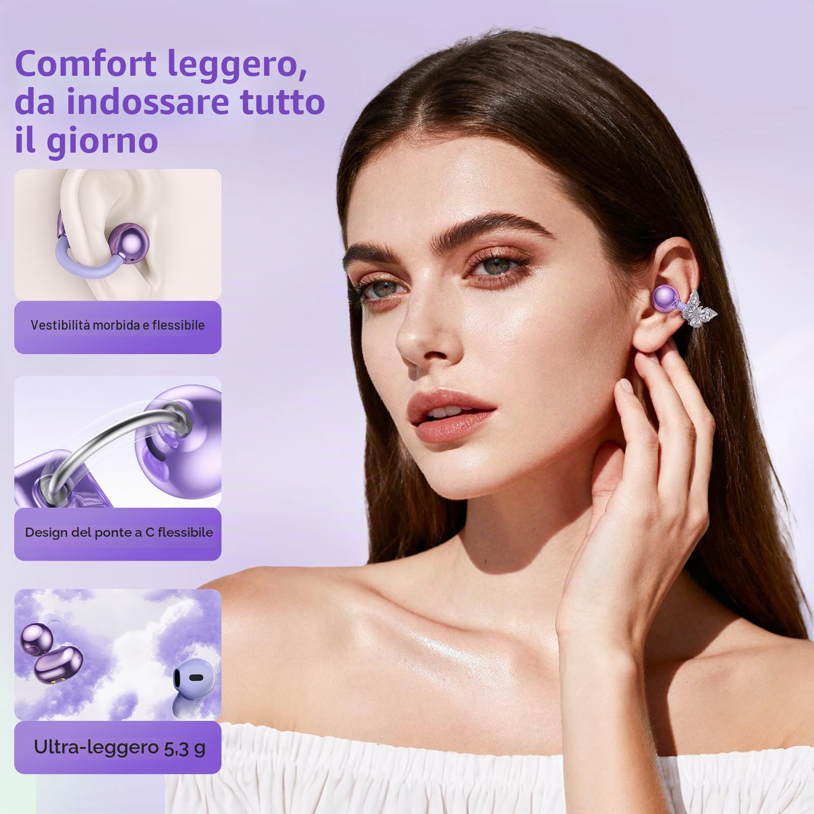 PAXA 3 in 1 Cuffie Open Ear Clip-on con Orecchini Farfalla Diamanti Rimovibile– Auricolari Bluetooth 6.0, Audio HiFi, 140H, Elegante Design Aperto, Ideali per Lo port e Tempo Libero, Ctbuds Viola