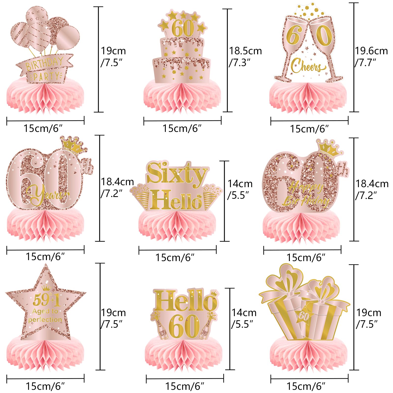 Noper 9Pcs 60th Birthday Decorations Pink Rose Gold Honeycomb Centerpieces for Girls,Happy 60th Birthday Table Centerpieces Party Supplies,Sixty Year Old Birthday Table Decor