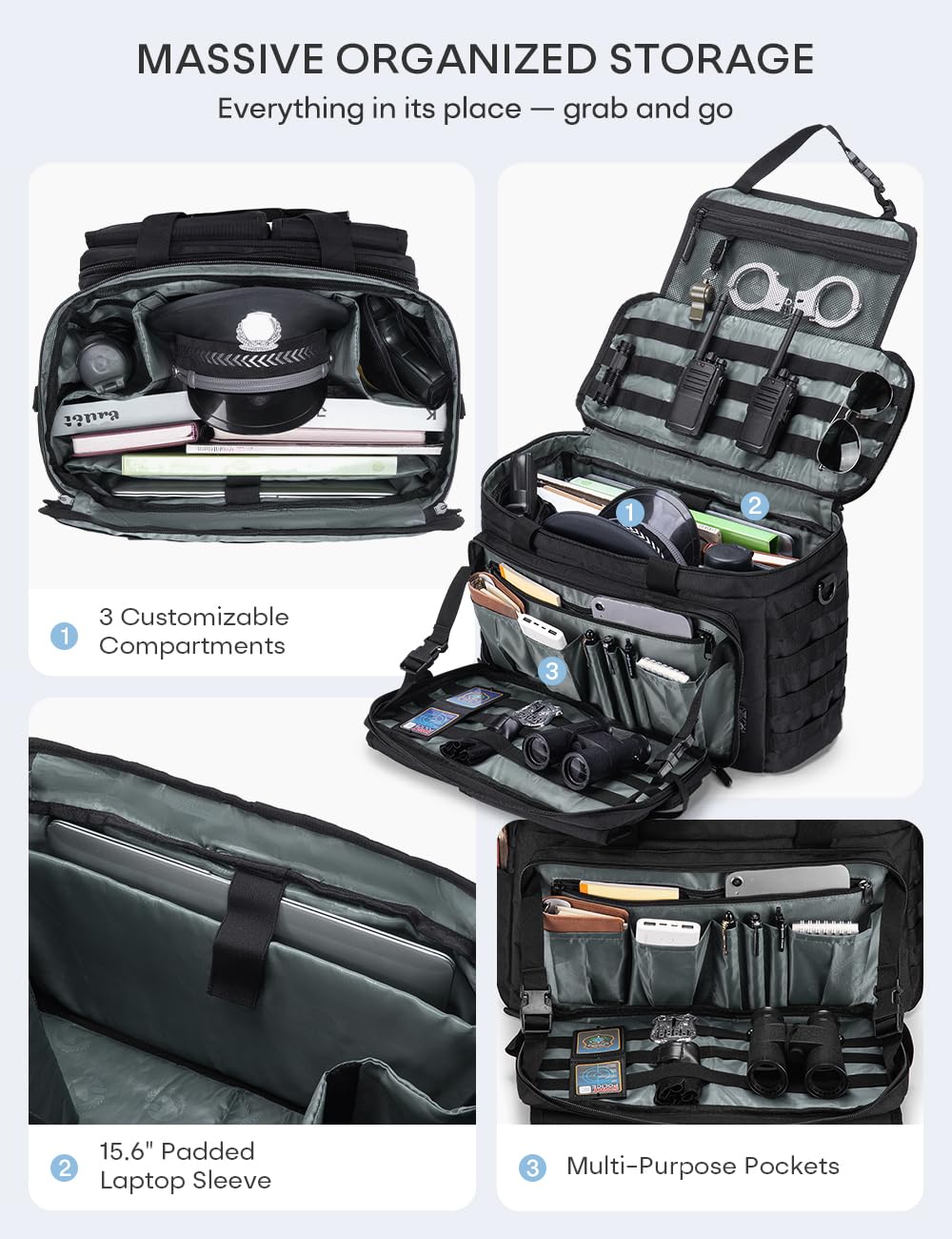 Bolsa Táctica MOLLE Policía, Organizador Coche Asiento con Portátil 15.6" | 3-en-1: Organizador de Coche, Bolsa Táctica y Mochila de Hombro. MOLLE para Linterna y Radio. Oxford Material Impermeable.