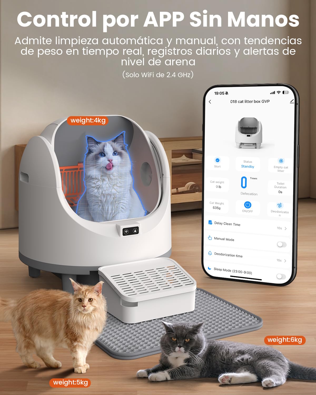 Arenero Gatos Autolimpiable de Tapa Abierta para Grandes (10 kg), Arenero Automático XL, Control por App, Seguimiento de Peso, Control de Olores,Caja de Arena Robotizada Silenciosa para Gatos