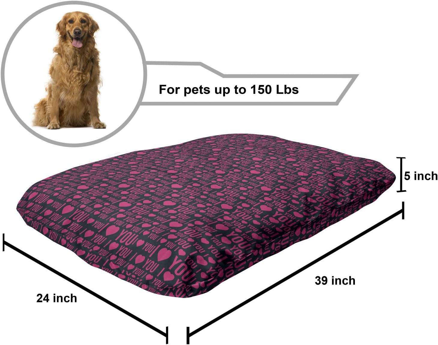 review Ambesonne I Love You Pet Bed, Romance Pattern with Heart Forms and Love Words Valentines Couples Theme, Chew Resistant Pad for Dogs and Cats Cushion with Removable Cover, 24