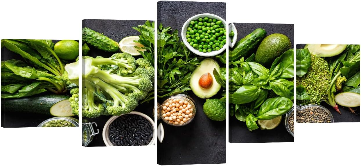 Vegetable Wall Art for Living Room Leaf Vegetable Canvas Wall Art 5 Pieces Healthy Food Posters & Prints Vegetable Seeds Framed Wall Art Gallery-wrapped Ready to Hang 32X60 INCH