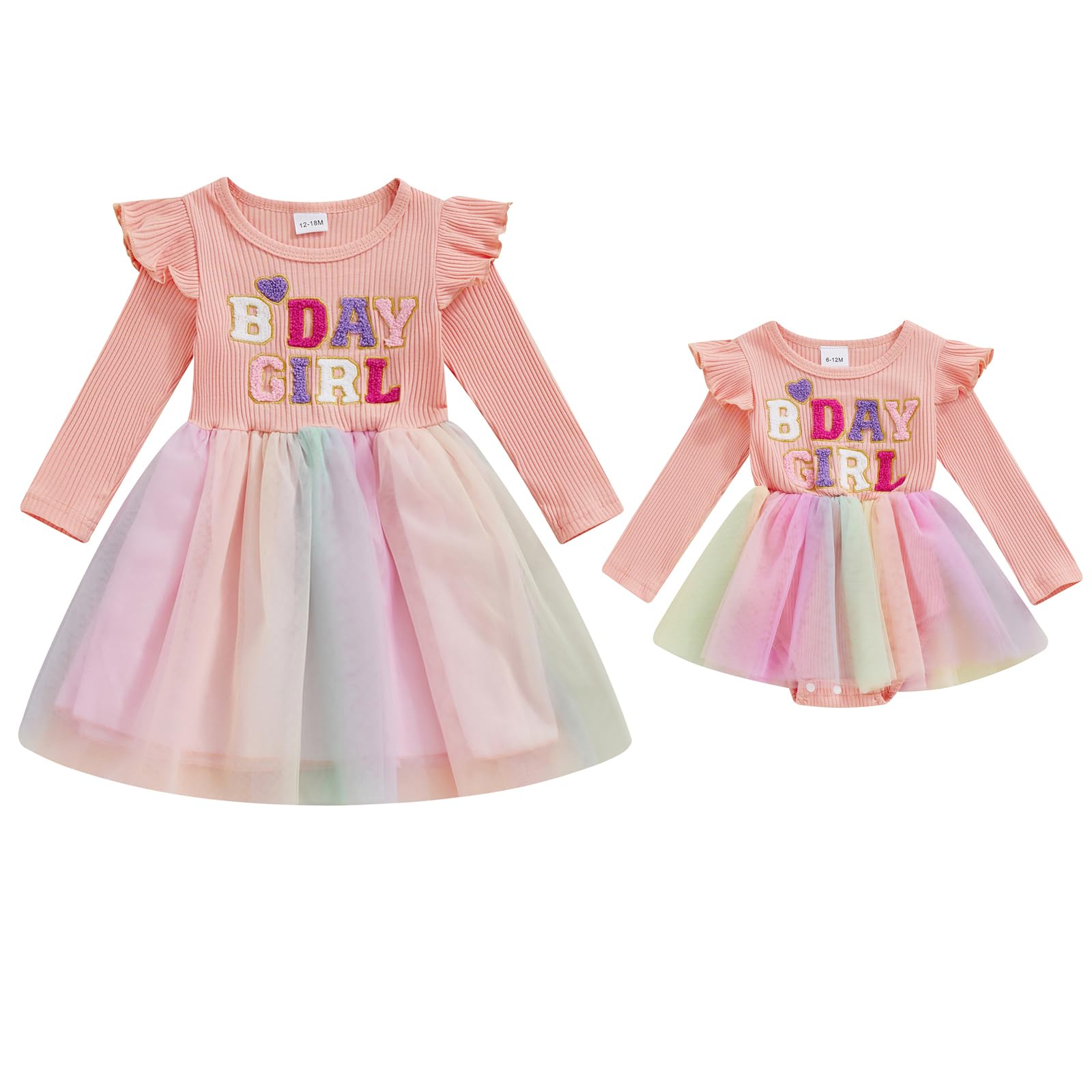Matching Sister Outfits Girl and Baby Birthday Gril Print Ribbed Ruffle Sleeve Top with Tulle Dress/Baby Romper Dress (Pink, 12-18 Months)