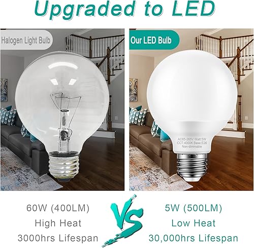 Miniatura 17 de Paquete de 4 bombillas de luz diurna para baño, equivalente a 60 vatios, base mediana E26, bombillas LED G25 para tocador de baño, bombilla redonda