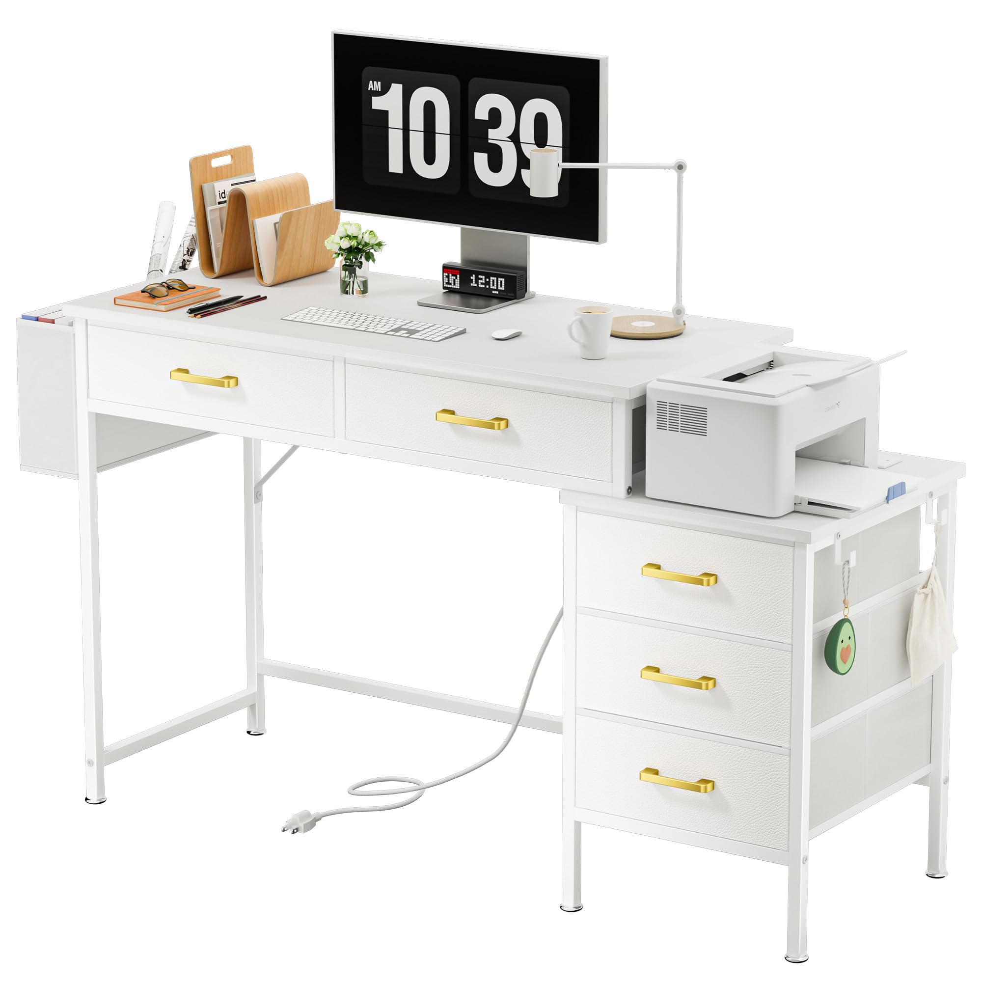 Scrivania per computer, Scrivania Ufficio con 5 Tessuto Cassetti, scrivania con Presa di Corrente, 2 Prese CA, 2 Porte USB, per Tastiera Ufficio Casa, Bianco 130 x45x78cm