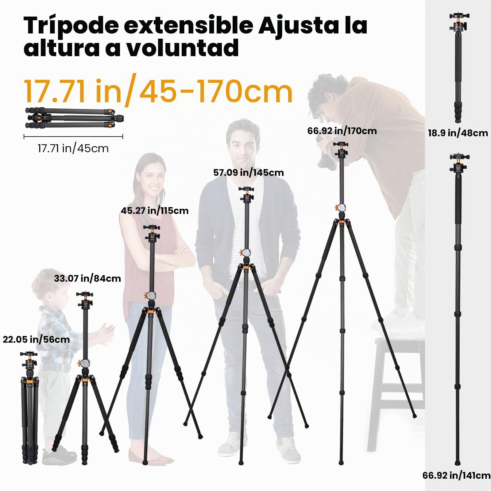 TARION Trípode de Fibra de Carbono para cámara de - 67 Pulgadas trípode Profesional DSLR con Doble rótula panorámica Zapata fría trípode de Viaje para cámaras videocámaras fotografía