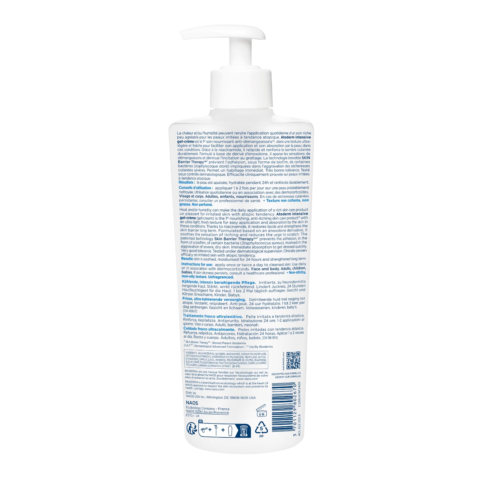 Bioderma Atoderm Intensive Gel-Cream, Soothing Body Moisturizer for Dry to Atopic Sensitive Skin, 24-Hour Hydration, 16.9 Fl Oz