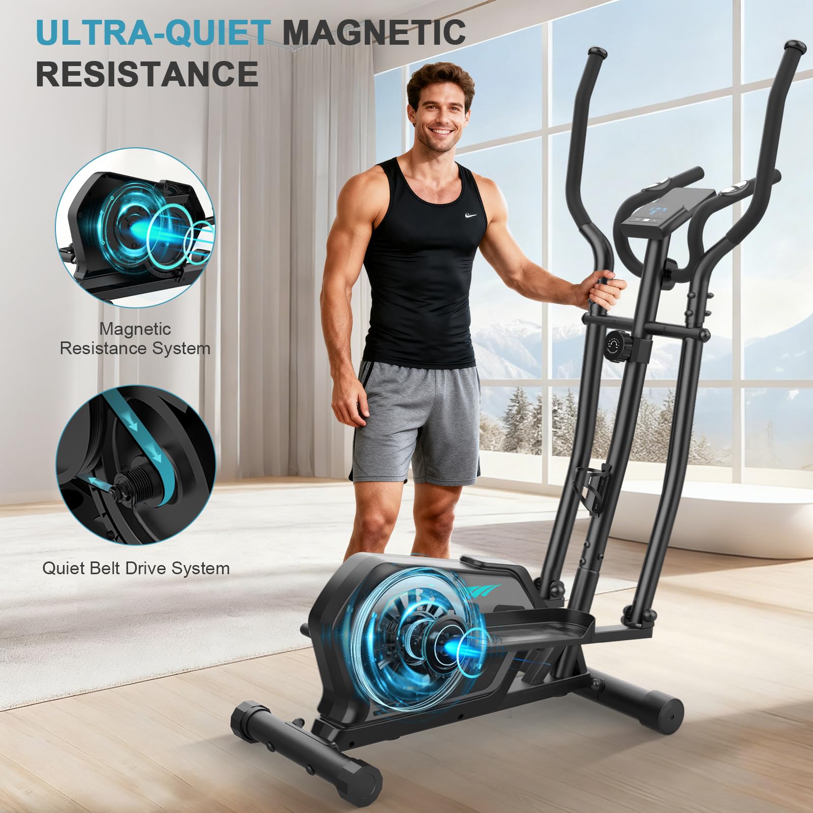 Ellittiche Da Casa con App, 3-in-1 Ellittica Ultra Silenziosa con 16 Livelli di Resistenza,volano da 6 kg, Monitor LCD, Pedale Antiscivolo, Portabottiglie, Cyclette Ellittica Fino a 287 LBS