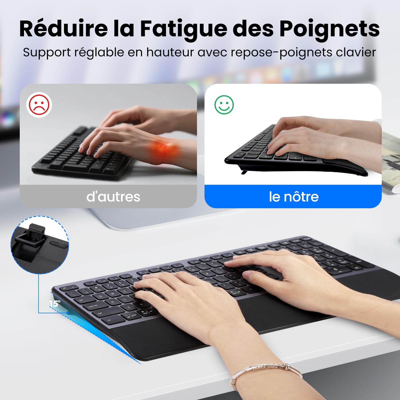 CITLLA Clavier Souris sans Fil Rétroéclairé Rechargeable Ergonomique, Réglable Support et Repose-Poignets,4 Niveaux DPI Hyper-Rapide Défilement Souris silencieuse pour Ordinateur Bureau PC Laptop