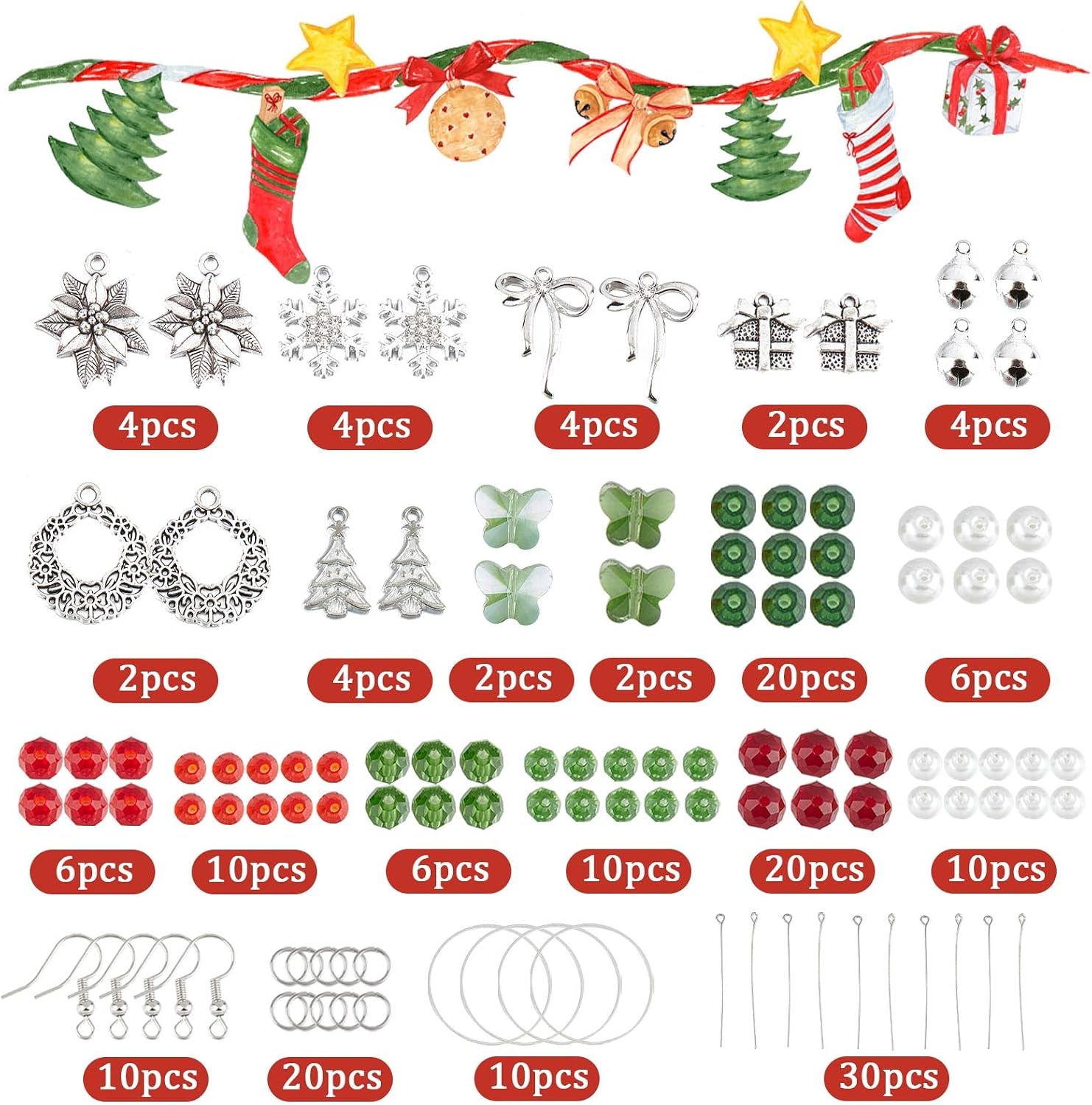 SUNNYCLUE 1 Box DIY 10 Pairs Christmas Charms Red Green Glass Beads Earrings Making Starter Kit Tibetan Style Antique Silver Snowflake Charms Christamas Tree Charms for Jewelry Making Kits Women