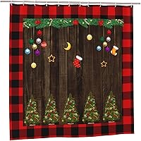 Vista 2 de Cortina de ducha con diseño de árboles de Navidad, diseño a cuadros, de madera marrón, decoración de baño, 71 x 71 pulgadas (12 ganchos incluidos)