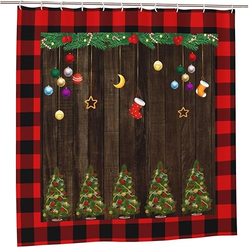 Miniatura 2 de Cortina de ducha con diseño de árboles de Navidad, diseño a cuadros, de madera marrón, decoración de baño, 71 x 71 pulgadas (12 ganchos incluidos)