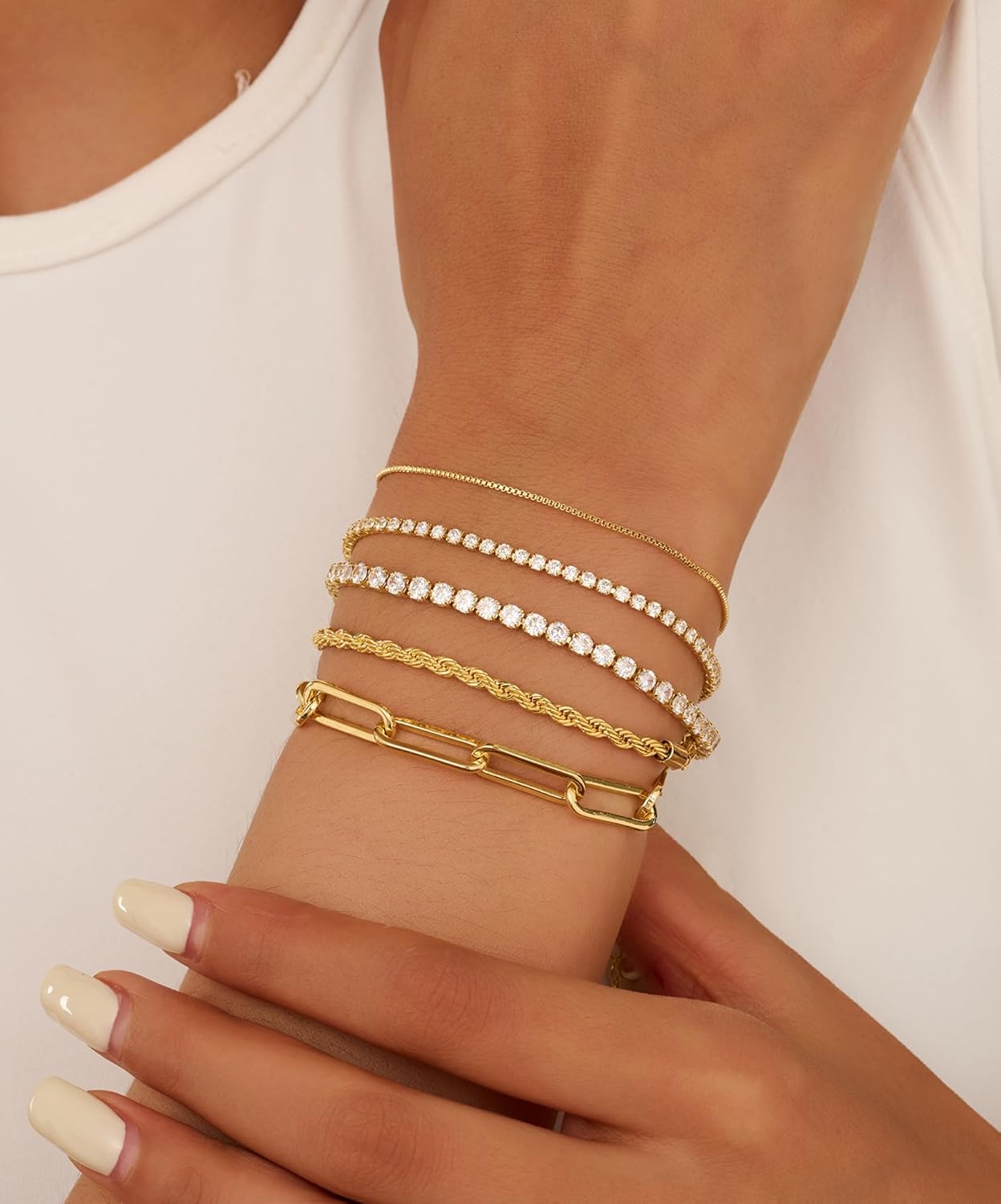 Gold Bracelets for Women 14K Gold Plated Stack Trend Bracelets Charm Paperclip Chain Cuban Link Layered Waterproof Bracelet Dainty Bracelet for Women Jewelry Gifts - Image 2