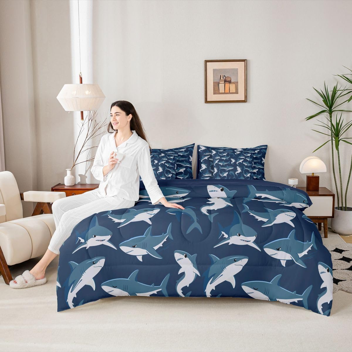 Feelyou Shark Queen Comforter Set with Sheets for Kids Boys Girls Ocean Sea Shark Lover Gifts 7 Pieces Bedding Set Underwater Animal Bed in a Bag Ocean Blue Room Decor Nautical Marine Soft Microfiber