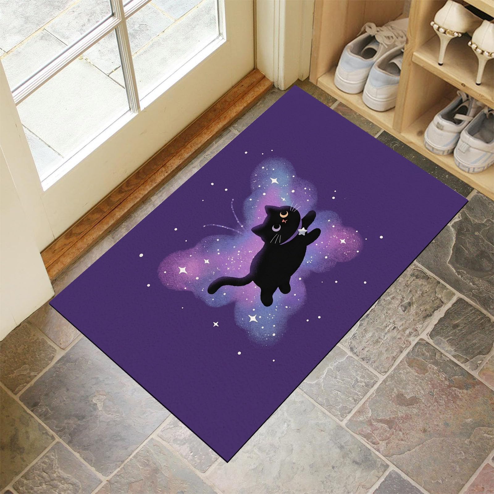 Paillasson 90x150cm ciel étoilé chat violet lavable pour entrée