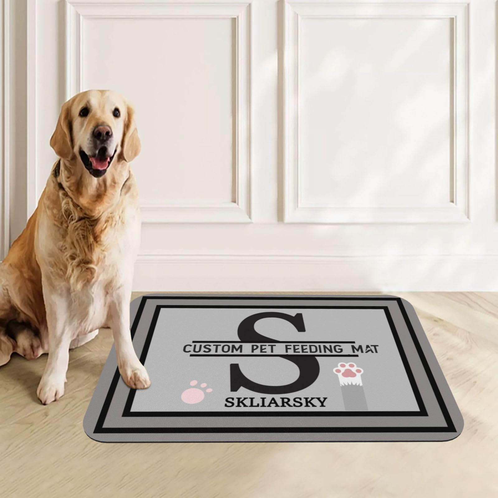 Custom Pet Feeding Mat - Personalise Dog Cat Food Bowl Mat with Photos Name Text, Absorbent PU Leather with Non-Slip Rubber Backing (Name Style, 45x30cm)