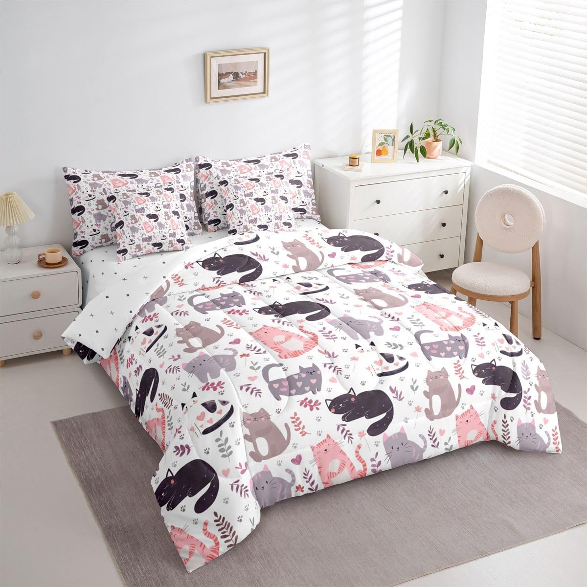 Feelyou Cat Comforter Set Twin Size 7 Pieces Cute Kitten Bedding Set for Kids Boys Girls Kawaii Cartoon Animal Bed in a Bag with Comforter, Sheets, Pillowcases, Cushion Covers Colorful Floral