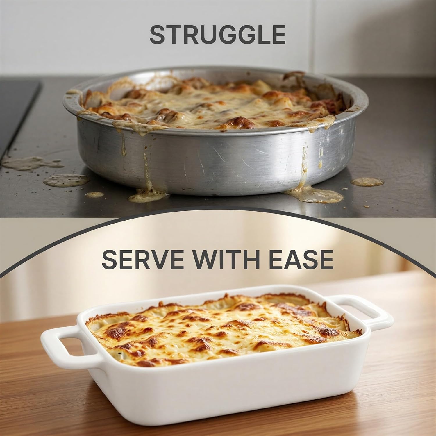 Large White Rectangular Ceramic Baking Dish with Dual Handles, 10.6 x 5.9 x 2.0 in, Oven Safe Long-Lasting Casserole Pan for Cheese Baked Rice, Home Kitchen Roasting, Gratin, Cooking Dinner