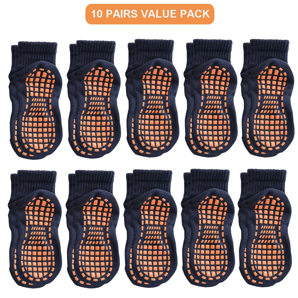 Esaroll Toddler Socks with Grippers Non Slip Trampoline Socks for Kids 9-14 Years 10 Packs Navy Blue