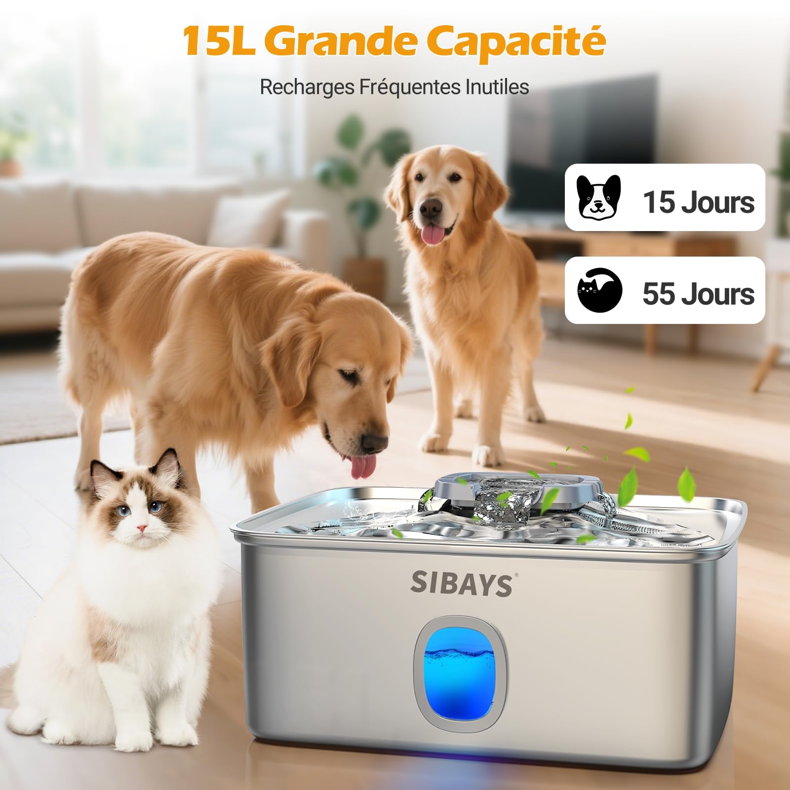 Sibays Fontaine a Eau Chat INOX, 15L Grande Fontaine a Eau Chien avec Zone de Boisson Plus Large, Super Silencieuse Fontaine à Eau pour Chat avec LED & Filtre, Adieu aux Remplissages Fréquents, FS76