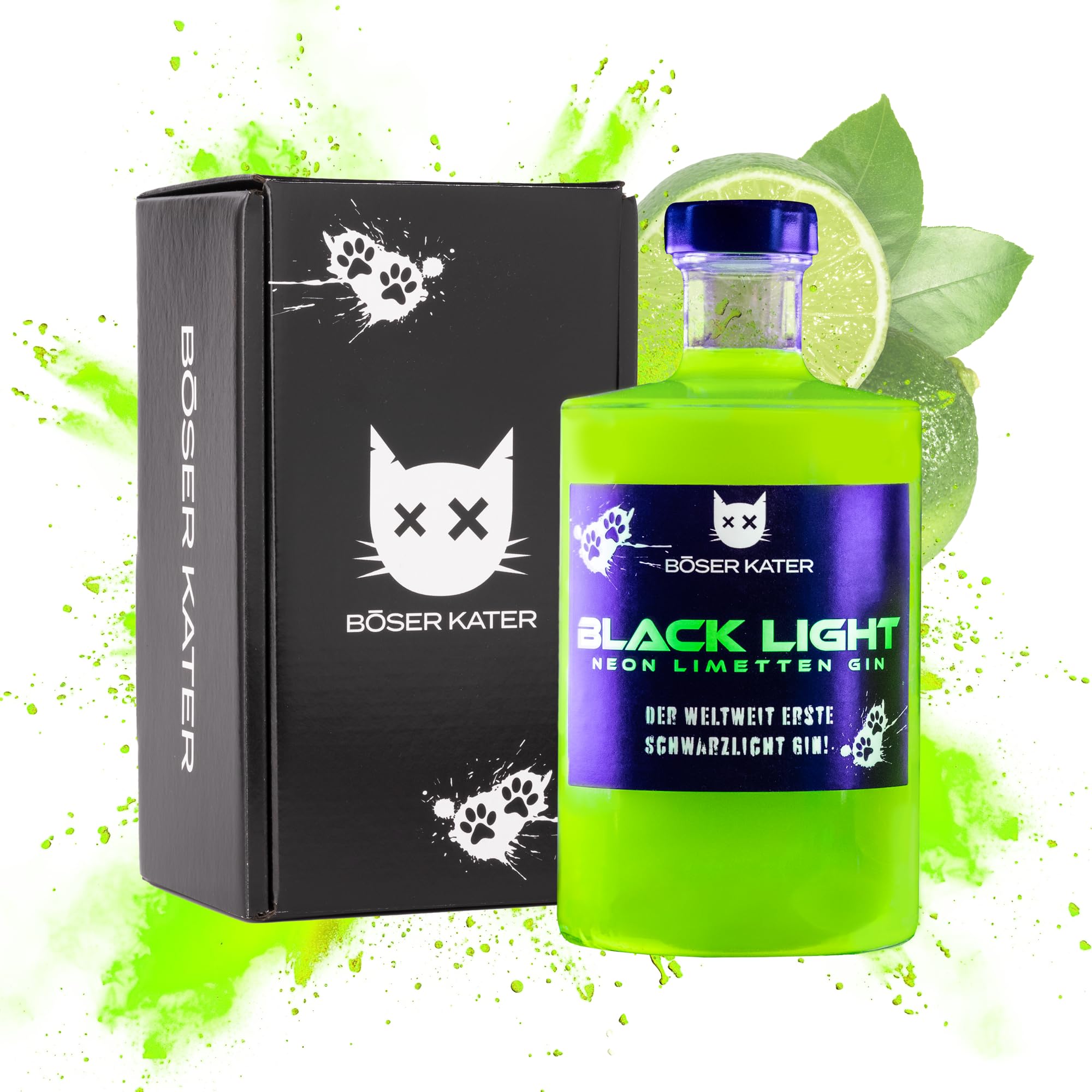 BÖSER KATER Blacklight Gin | Weltweit erster Schwarzlicht Neon Gin mit Leucht-Effekt | Partydrink | Fruchtiger Limettengeschmack | In hochwertiger Geschenkbox | Geschenkidee | 0,5l 40% Vol.