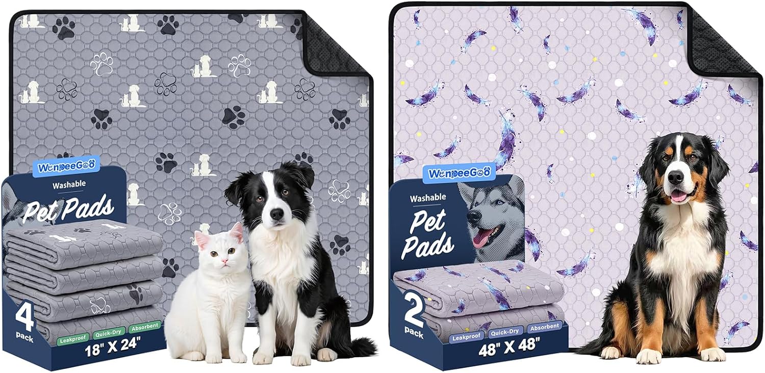 Washable Pee Pads for Dogs, 4 Pack 18"x24" + 2 Pack 48"x48", Reusable Puppy Pads, Super Absorbent & Leakproof Dog Training Pads, Non-Slip Pet Pee Pads for Whelping, Crate, Playpen, Bed