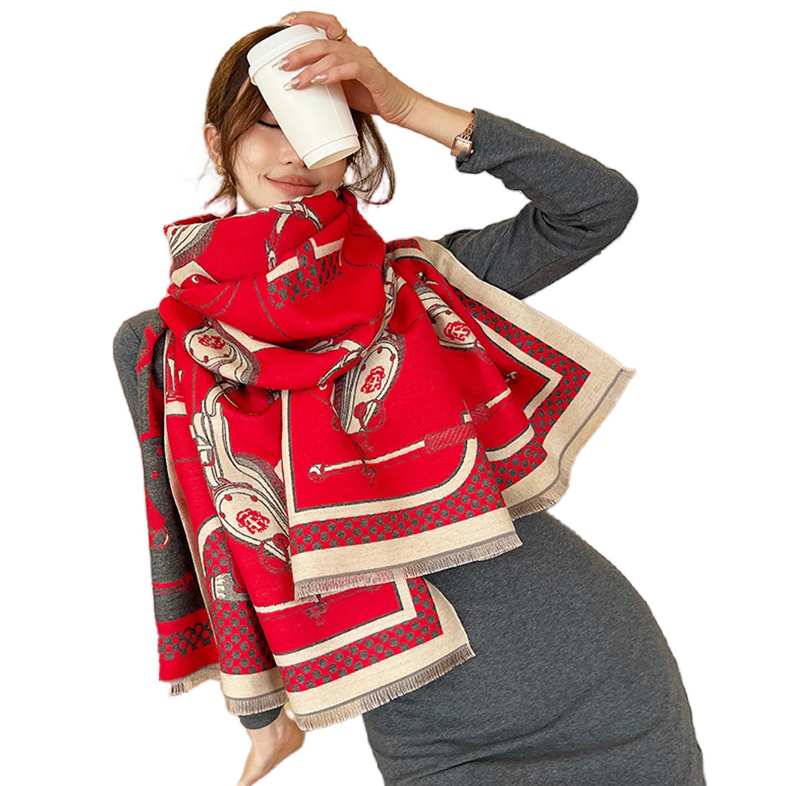 Sciarpa Donna Sciarpa Invernale in Cashmere per Donne, Sciarpa Jacquard, Scialle alla Moda E Versatile, Calda E Lussuosa per Le Donne, Regalo-Rosso