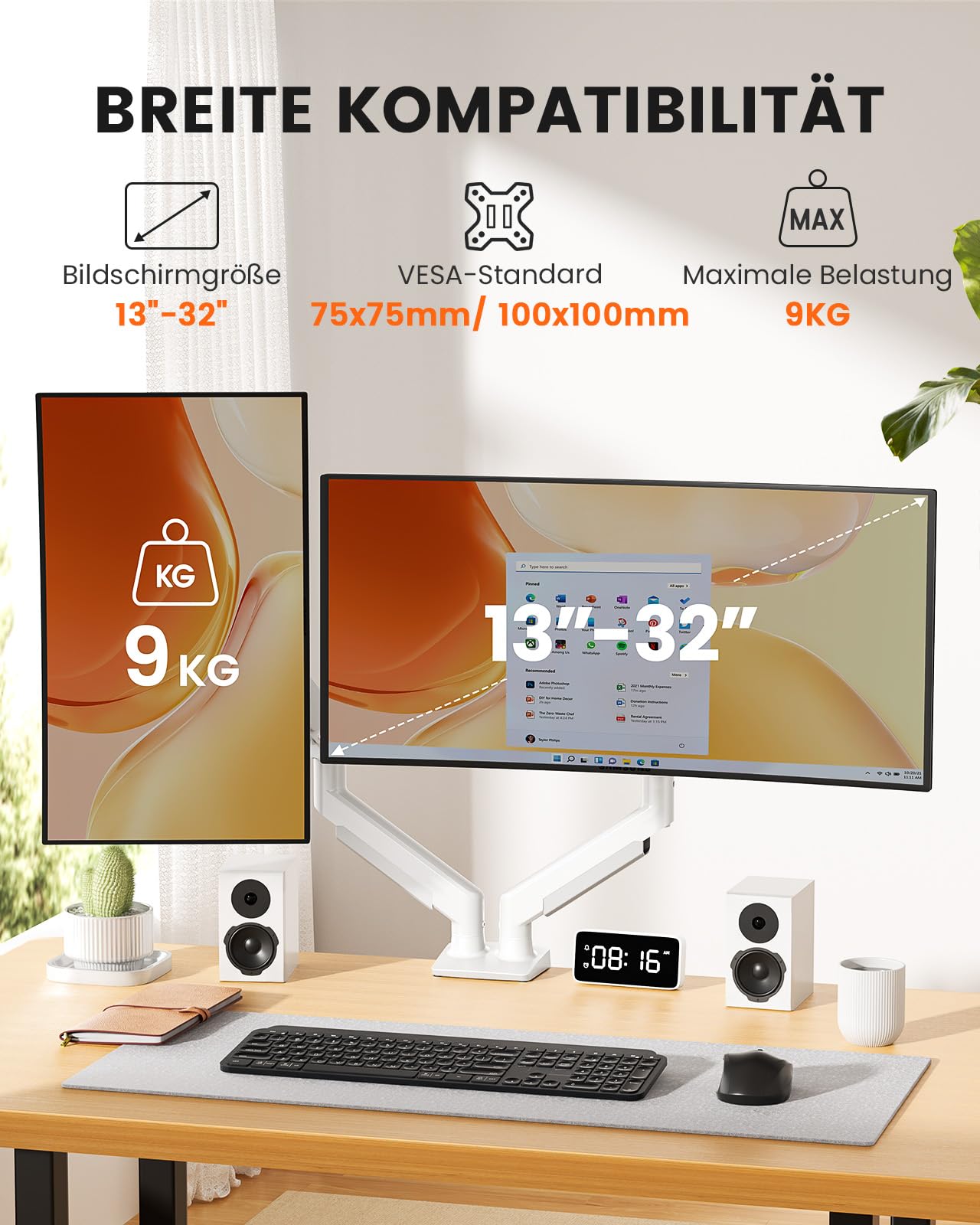 ErGear Soporte para monitor para 2 monitores, soporte de monitor totalmente ajustable para 13-32 pulgadas, brazo dual de instalación rápida con montaje VESA sin herramientas, carga máxima de 9 kg
