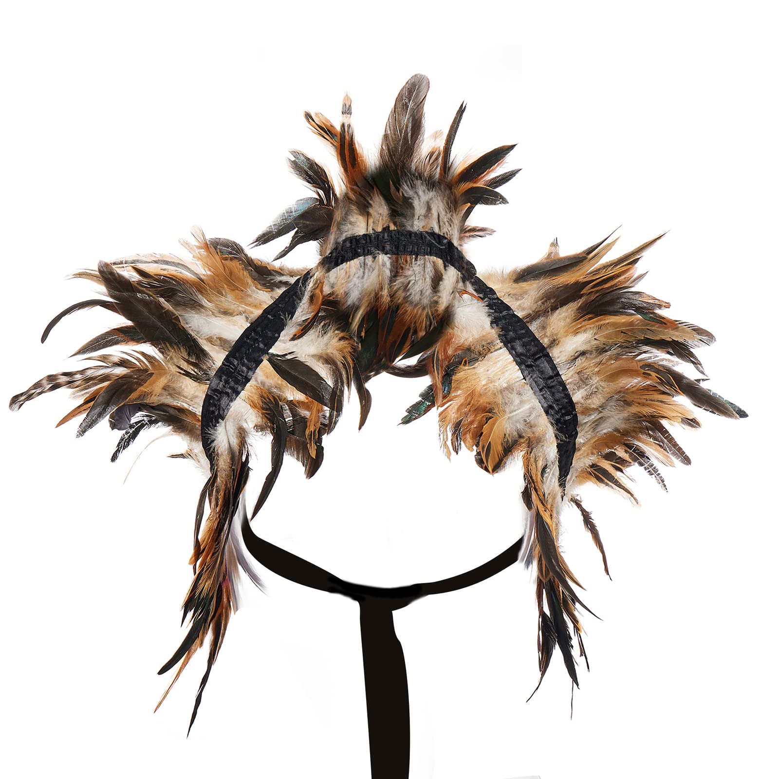 Niceyoeuk Women Natural Feather Cape Maleficent Costume Gothic Lacing Shawl Shrug Collar Feather Cape for Halloween Cosplay Christmas Party (Brown, One Size)