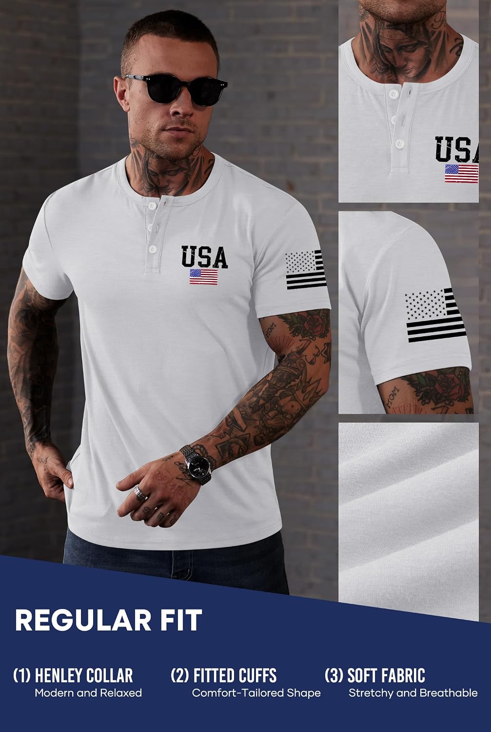 Men's Patriotic Henley Shirts Muscle Distressed American Flag 1776 Vintage T-Shirts (S-3XL)