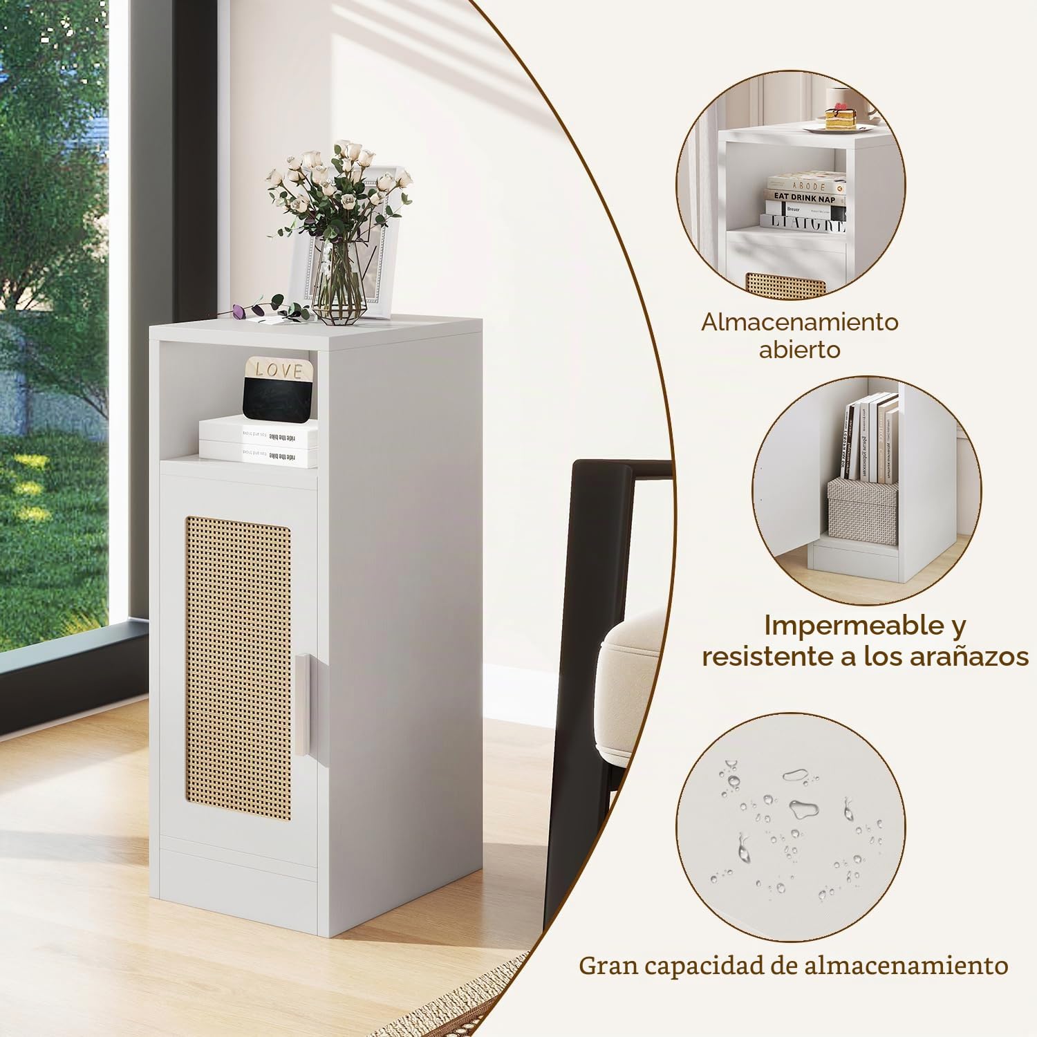 IBUYKE Mesitas de Noche Estrechas Pack 2,de Ratán,Blanco WNS012W-2 | con Compartimentos Abiertos y Armario,Puerta magnética,para Espacios Pequeños, Mesa Auxiliar para Dormitorio,Salón