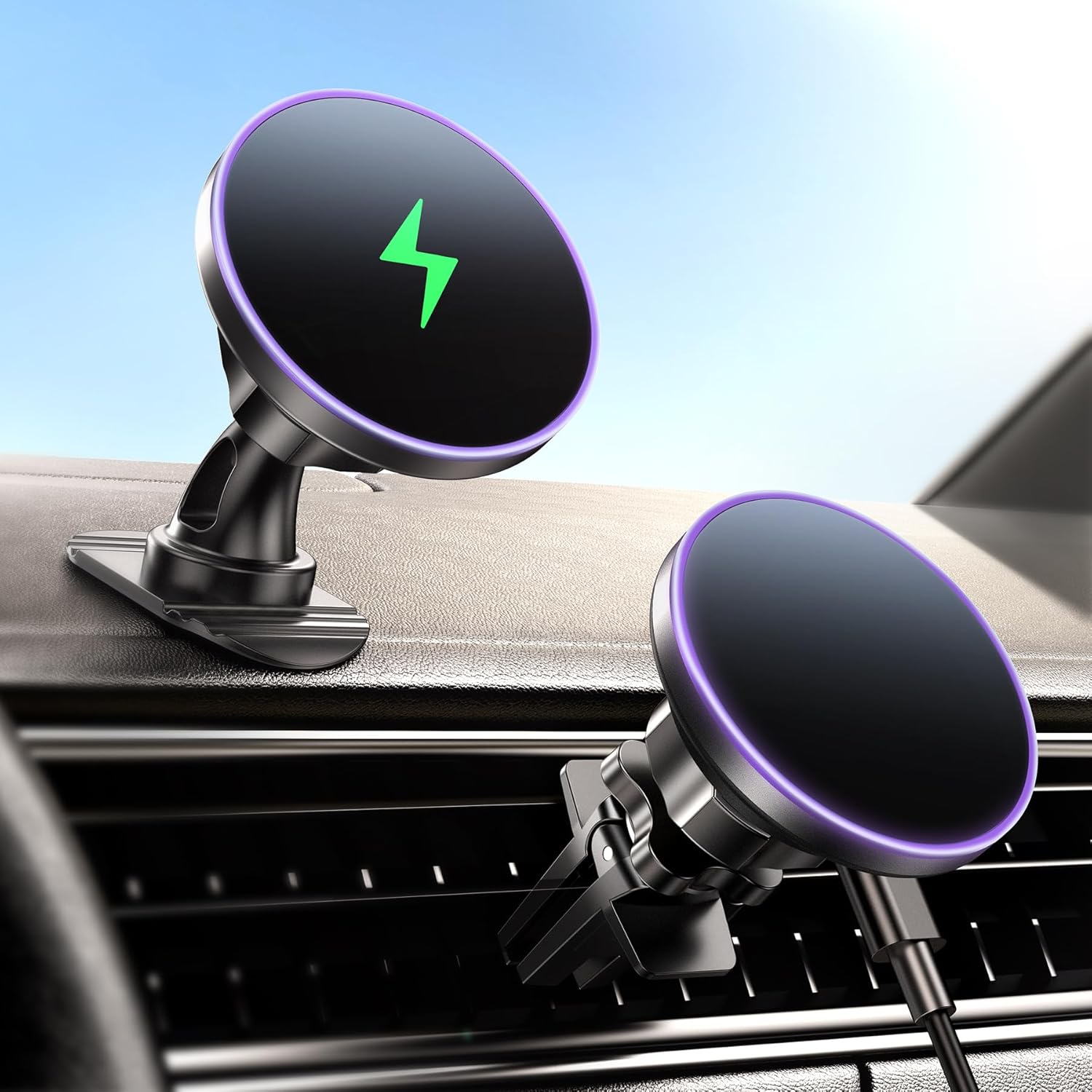 BHHB for Magsafe Car Mount Charger, [2026 Upgrade] 15W 2in1 Magnetic Wireless Car Charger, for Magsafe Car Charger, Vent/Dashboard Phone Holder, ONLY for iPhone 17 16 15 14 13 12 Series(Purple)