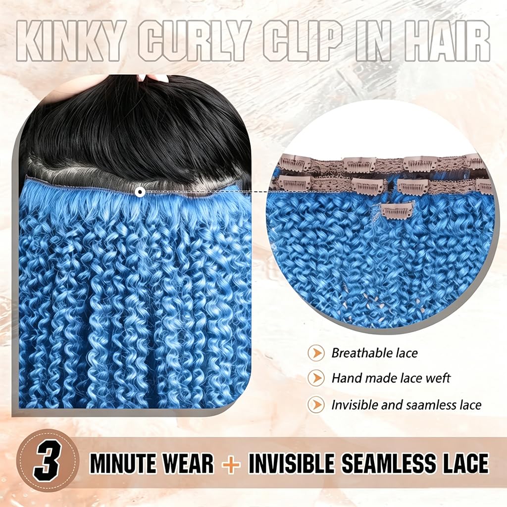4Pcs Colored Afro Kinky Curly Clip in Hair Extensions Real Human Hair, 12 Inch 60g Light Blue, Lace Invisible Seamless & Thicken, 4B 4C Remy Clip Ins for Black Women