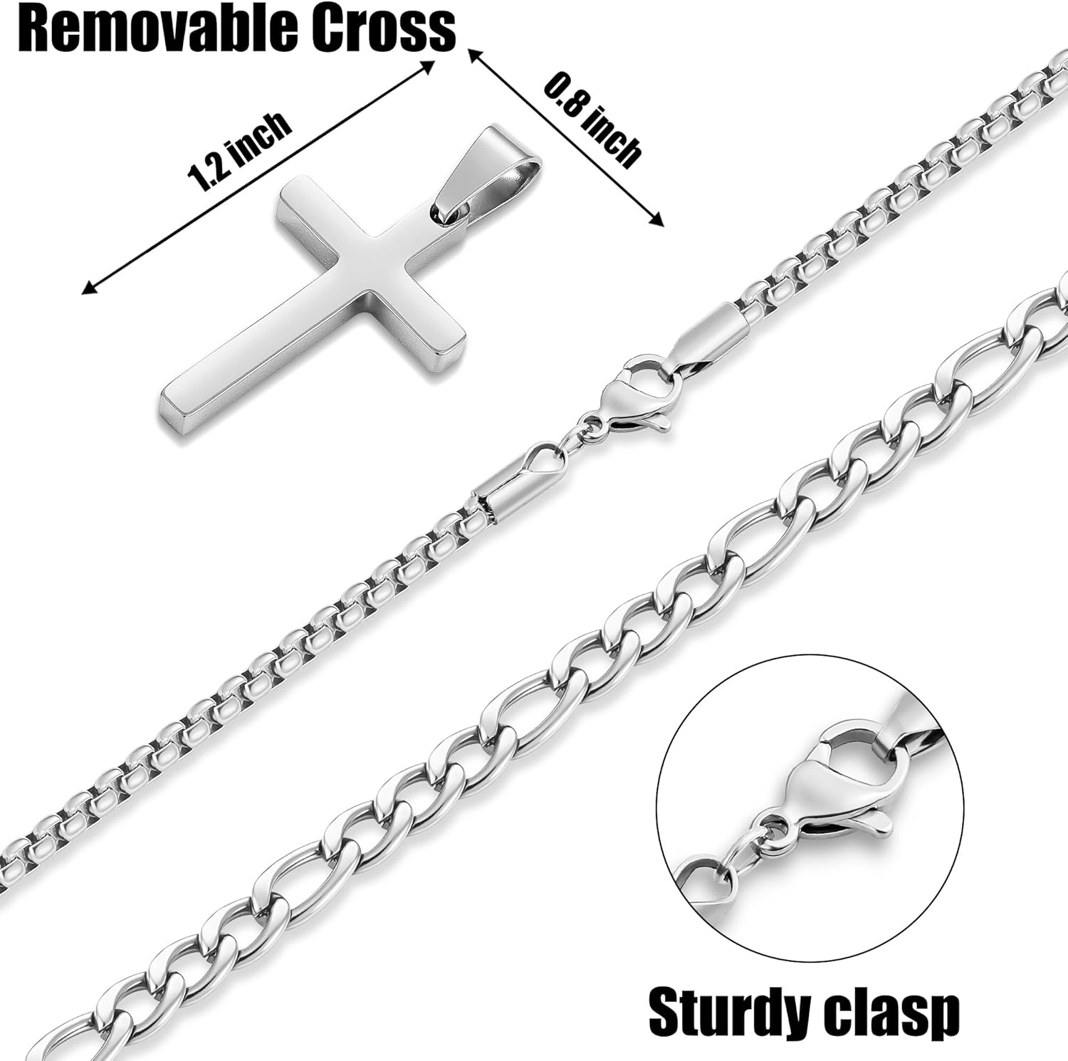 Fiusem 2 Pcs Cross Necklace Chain for Men and Women, Stainless Steel Layered Mens Cross Necklaces with Pendant, Figaro and Box Chain 16-24 Inch - Image 4
