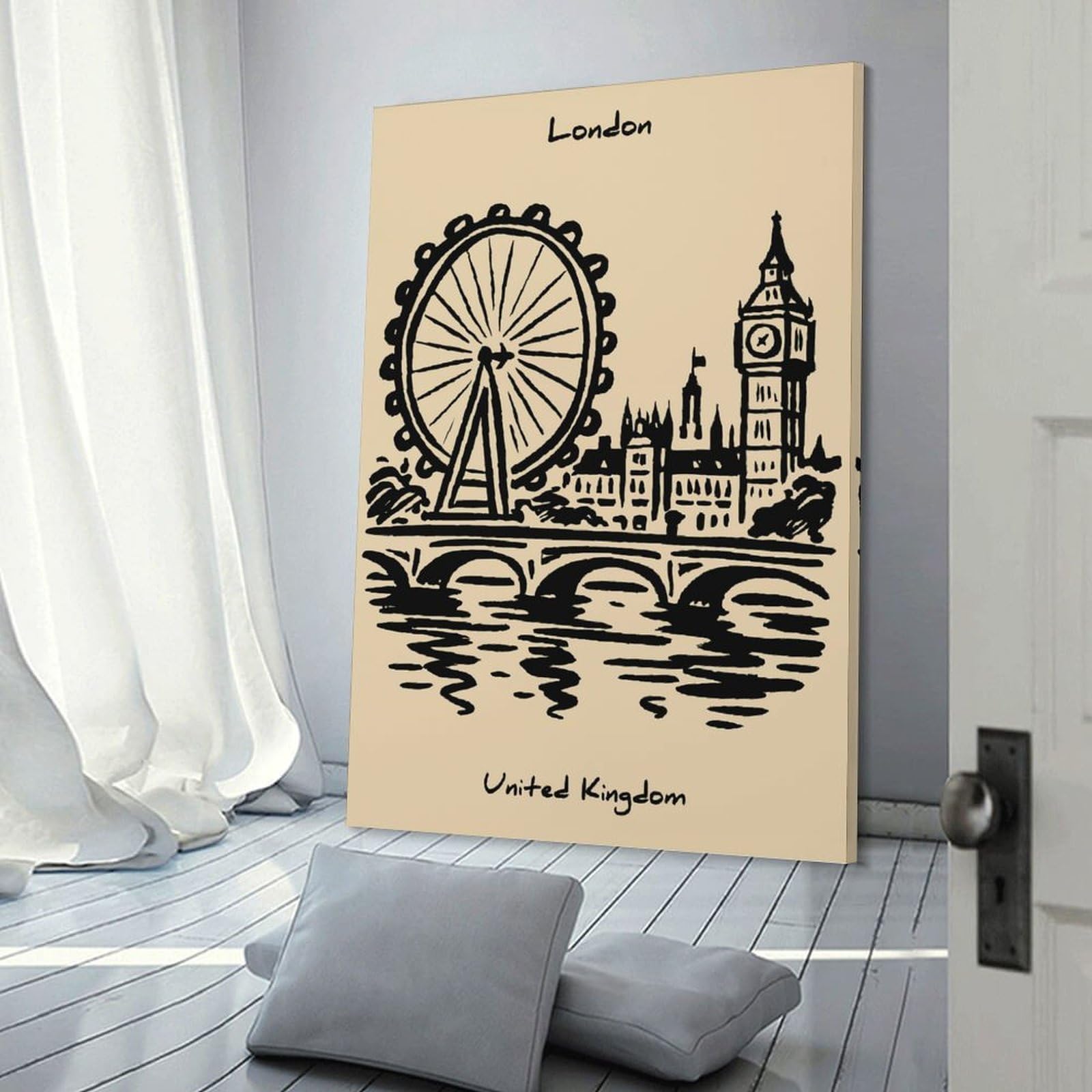 Junmoney Canvas Wall Picture London Skyline Sketch, 24x36inch(60x90cm), for Front Hall, Corridor Or Welcome Spaces, Decorative Wall Art for Narrow Spaces