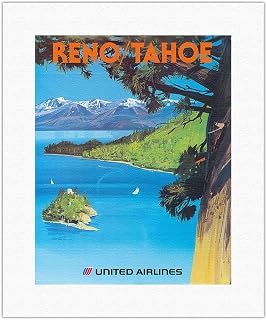 Reno Nevada - Lake Tahoe California - United Airlines - Vintage Airline Travel Poster by Tom Hoyne c.1970s - Fine Art Rolled Canvas Print 11in x 14in