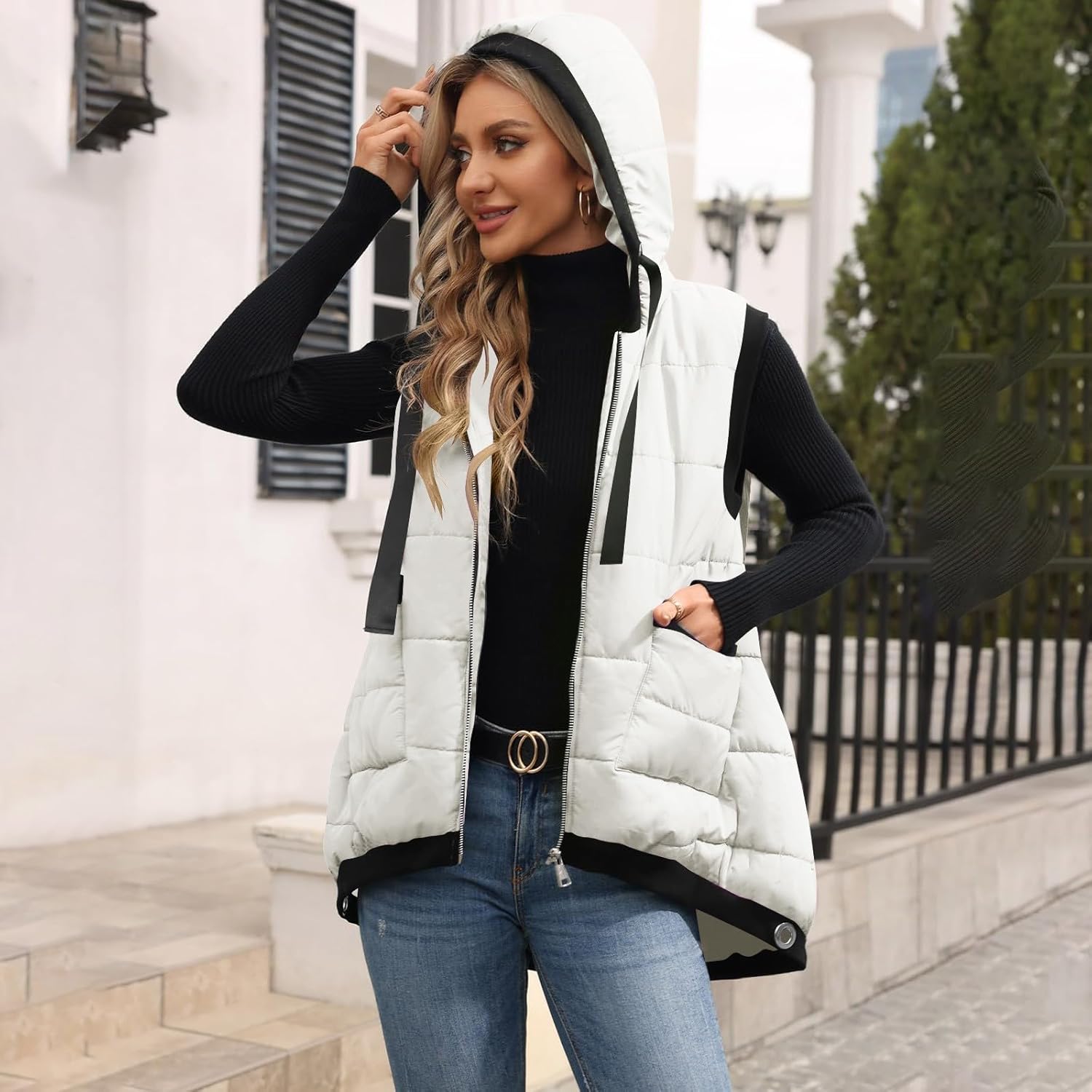 Women's Outerwear Hooded Vest Casual Thicken Qulited Winter Puffer Vest Lightweight Sleeveless Warm Padded Jacket