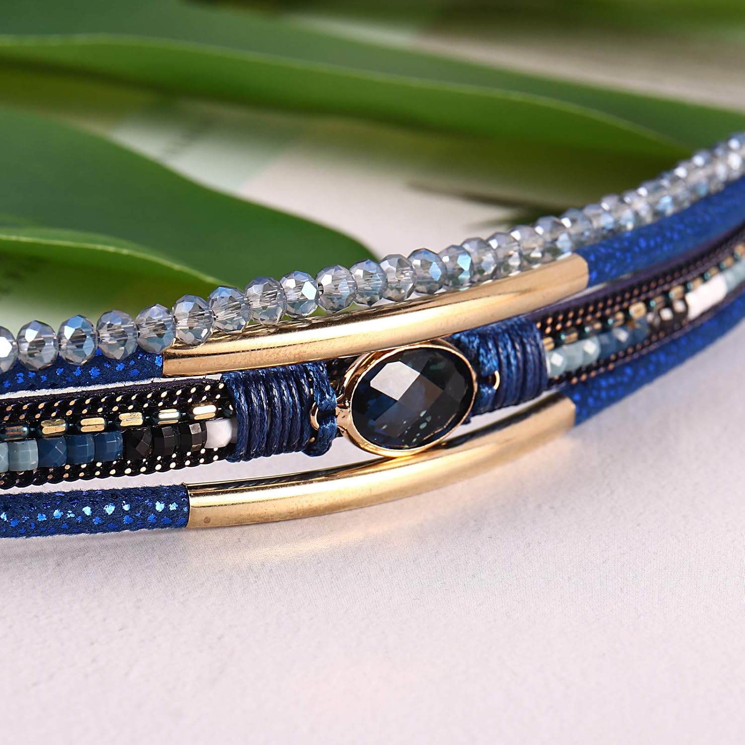 FANCY SHINY Leather Wrap Bracelets Crystal Beads Bracelet Boho Cuff Stone Charm Bracelets with Magnetic Clasp Costume Jewelry for Women(Navy Blue): Clothing, Shoes & Jewelry
