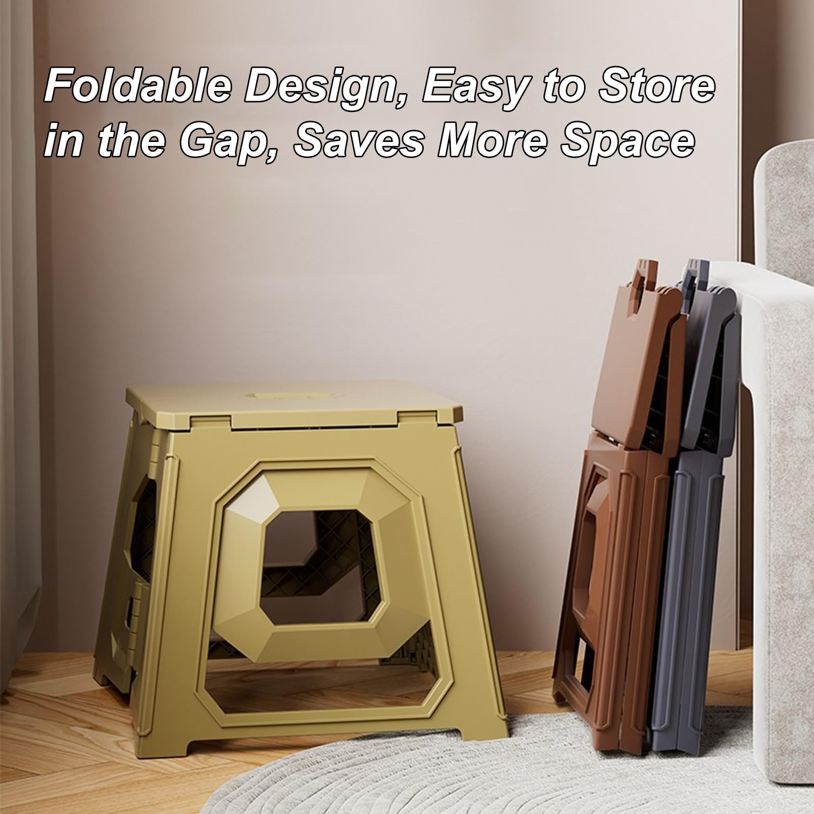 Sgabello Pieghevole Portatile, Sgabello da Bagno Antiscivolo con Blocco di Sicurezza, Facile da Trasportare per Cucina, Bagno, Campeggio(Beige,Small)