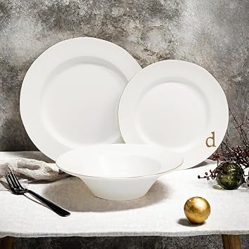 COLLECTIVE HOME Luxurious Gold-Edged Ceramic Dinnerware Set with Embossed Lettering, Including Soup Bowl, Shallow Plate, and Large Plate Perfect for Weddings, Anniversaries, and Elegant Dining D