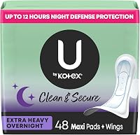 U by Kotex Clean & Secure Overnight Maxi Pads with Wings, Extra Heavy Absorbency, 48 Ct - 100% Leak-Free Night Protection